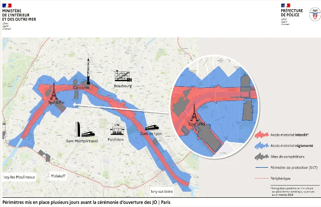 Carte des périmètres mis en place avant la cérémonie d'ouverture des JO / © Ministère de l'Intérieur et des Outre-Mer