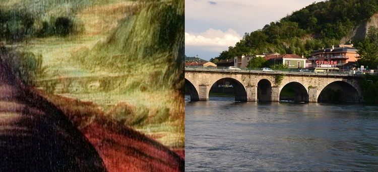 Le pont Azzone Visconti, à Lecco, apparait derrière la Joconde