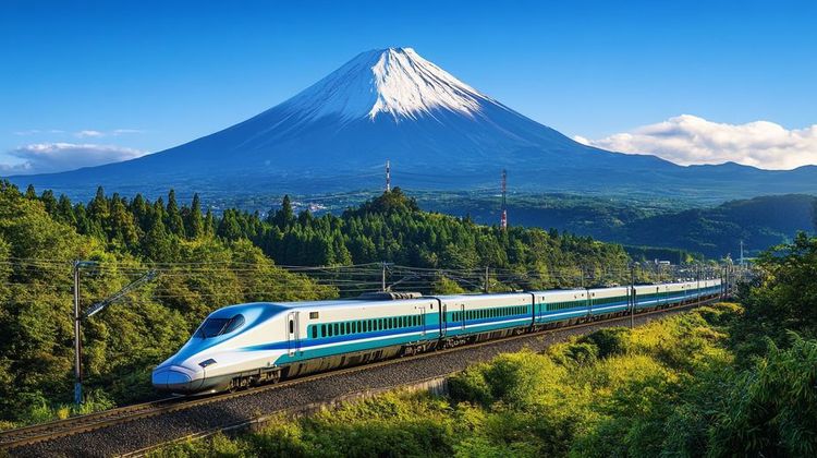 Le Shinkansen file devant le mont Fuji à Kawaguchiko