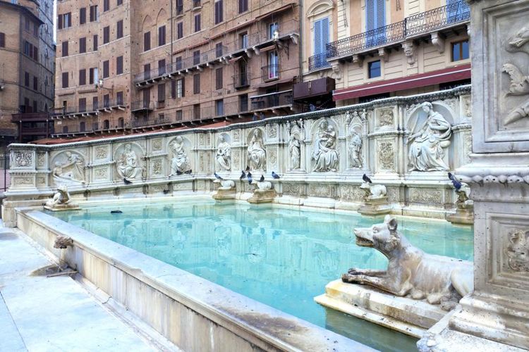 La fonte Gaia (fontaine de Joie), fait face au palais, au point opposé de la place.