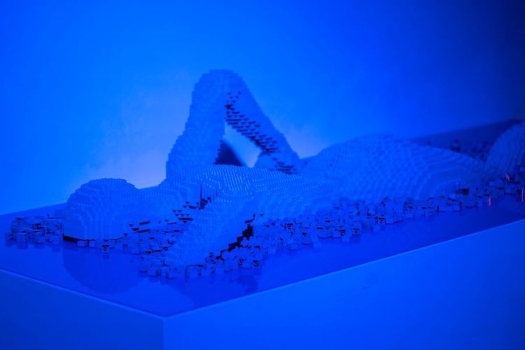 L'oeuvre d'une nage en mouvement dans la pièce bleue de l'exposition Art of Brick à Paris