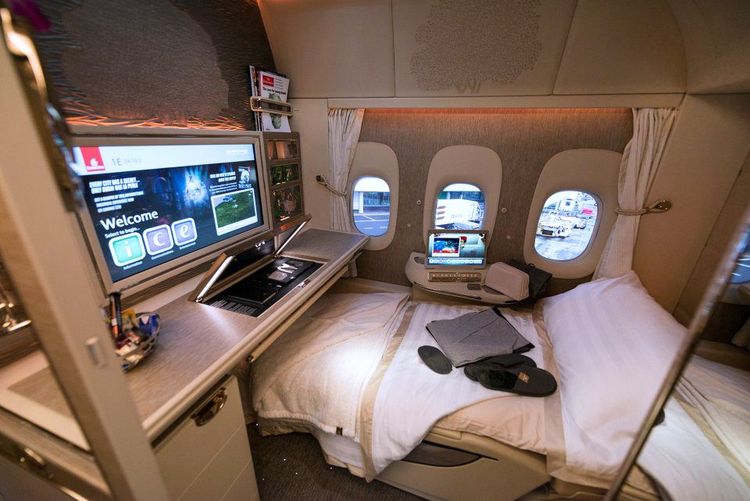 La couchette de la suite 1ère Classe d'Emirates