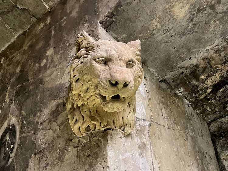 Une des gargouilles à tête de lion de l'ancienne cathédrale