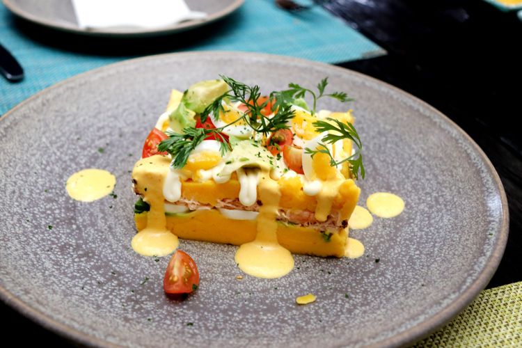 A typical appetizer, tuna causa, at the Cebicheria La Mar restaurant in Lima