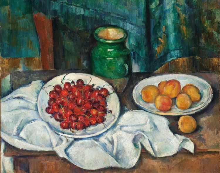 "Nature morte au plat de cerises et aux pêches" (1885-1887