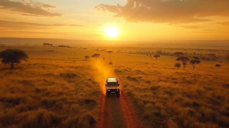 Un 4x4 travers le désert lors d'un levé de soleil