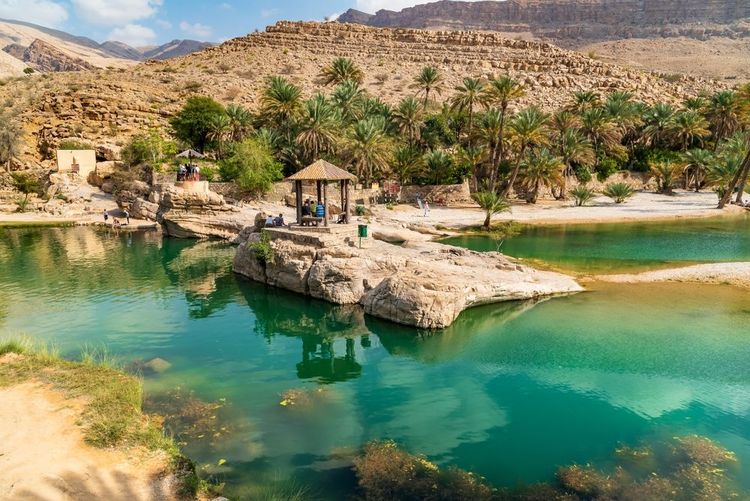 Vue sur l'oasis de Wadi Bani Khalid dans le désert du sultanat d'Oman