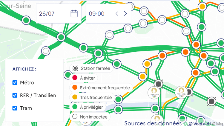 Légende de la carte interactive pour anticiper les déplacements lors des JO 2024 / anticiperlesjeux.gouv.fr