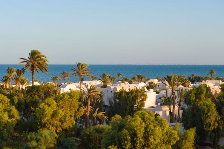 Vue aérienne de Djerba et des maisons typiques en bord de mer.