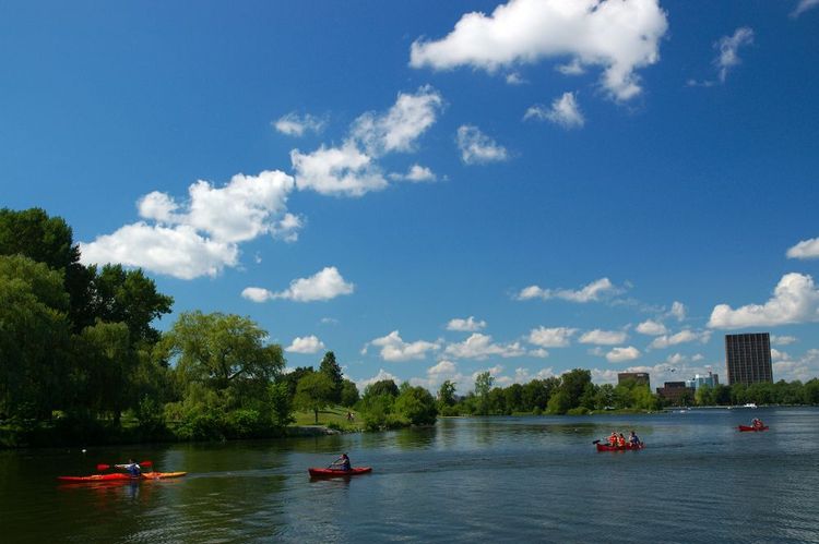 Tulipanes y barcas de pedales en el lago Dow de Ottawa
