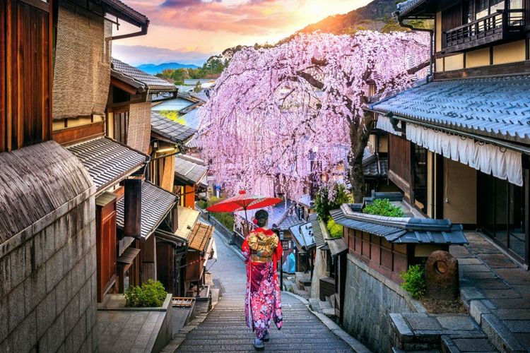 Gion, le quartier ancien de Kyoto avec une geisha en promenade