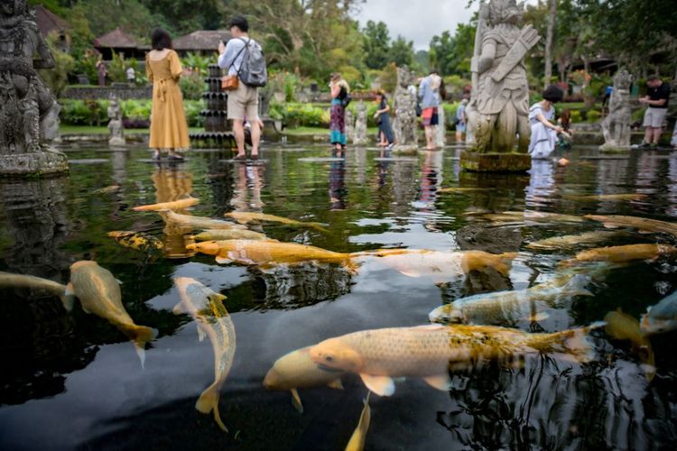 Des touristes sur les marches du bassins, Tirta Gangga, Bali