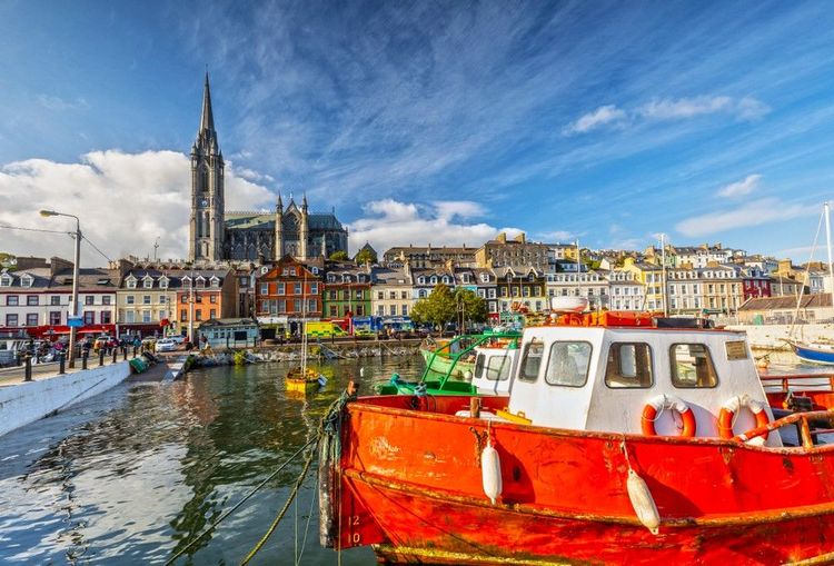 Le port de Cobh et ses bateaux artisanaux de pêche avec, au fond, sa cathédrale Saint-Colman