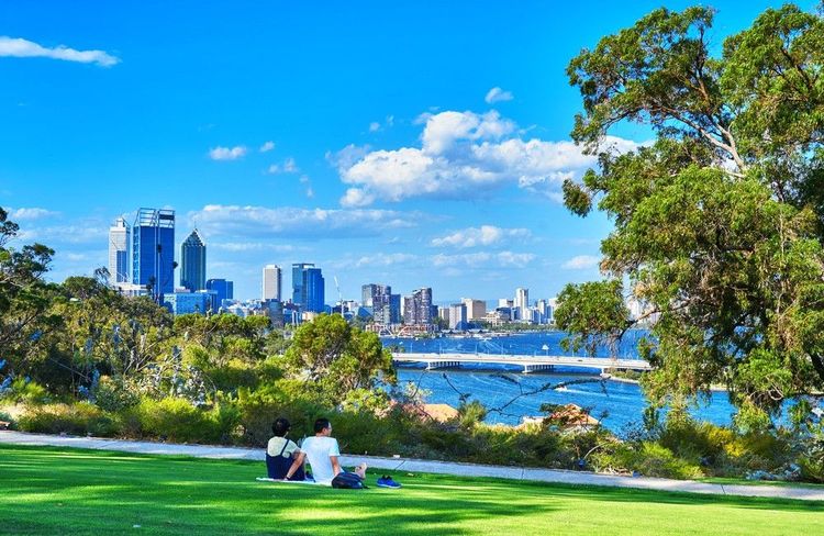 Pique-nique en surplomb de la Swan River, avec la skyline de Perth