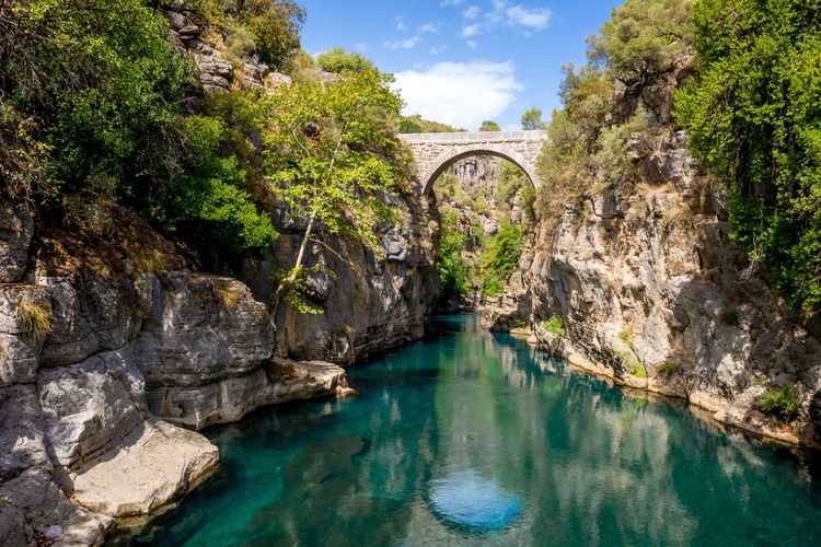 Ancien pont en arc de cercle Oluk au-dessus de la gorge de la rivière Koprucay dans le parc