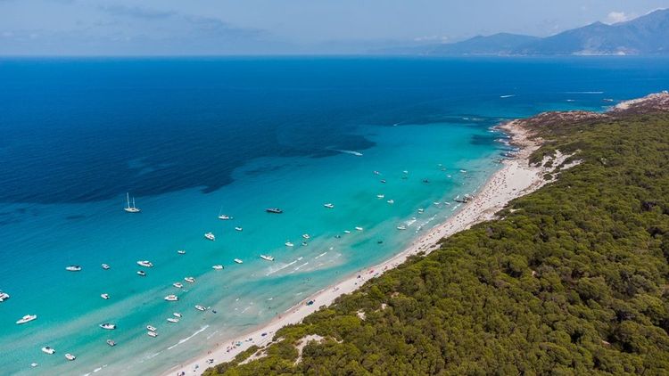 Vue aérienne de la plage de Saleccia dans le désert des Agriates en Haute Corse, France