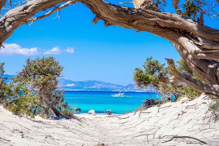 La baie vue depuis la plage de chrissí aktí (golden beach)