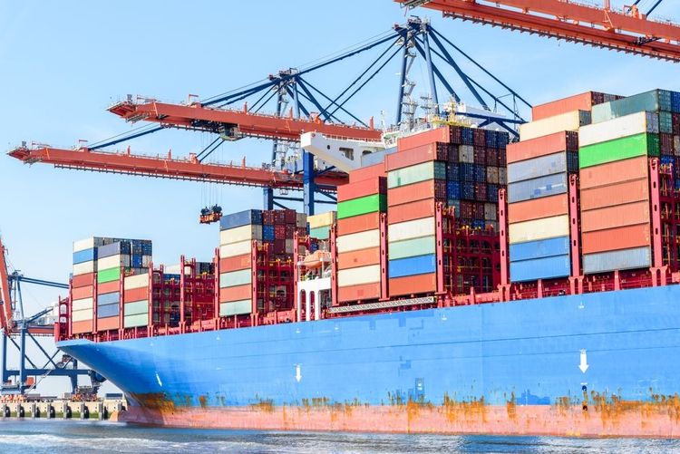 Gigantesque porte-containers dans le port de Rotterdam