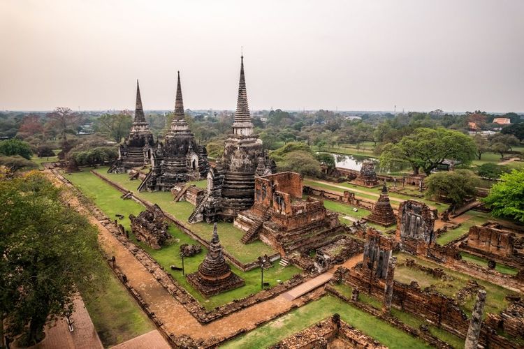 Vue aérienne de Wat Phra Si Sanphet, temple d'Ayutthaya en Thaïlande