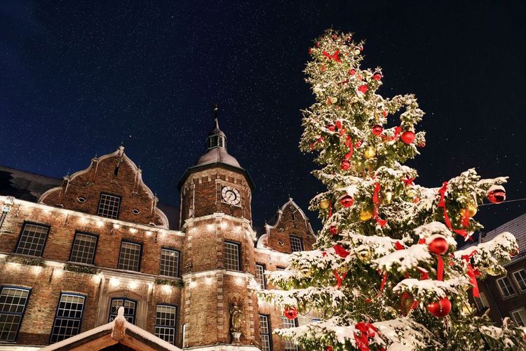 Sur la place du marché principale, le sapin décoré fait face à l'ancien Hôtel de Ville