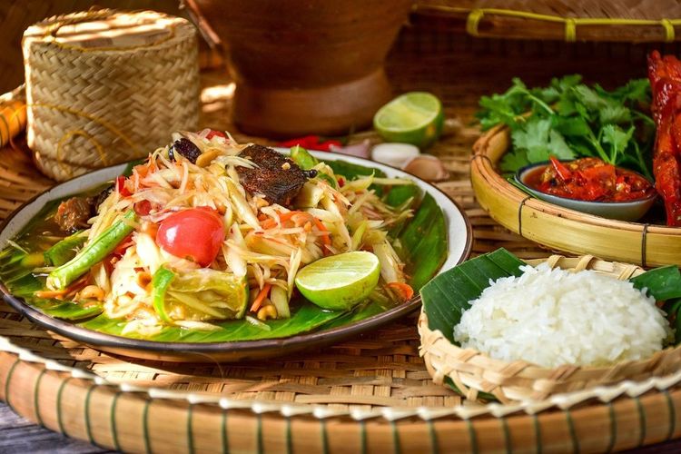 Riz gluant, salade de papaye, Som Tam, cuisine