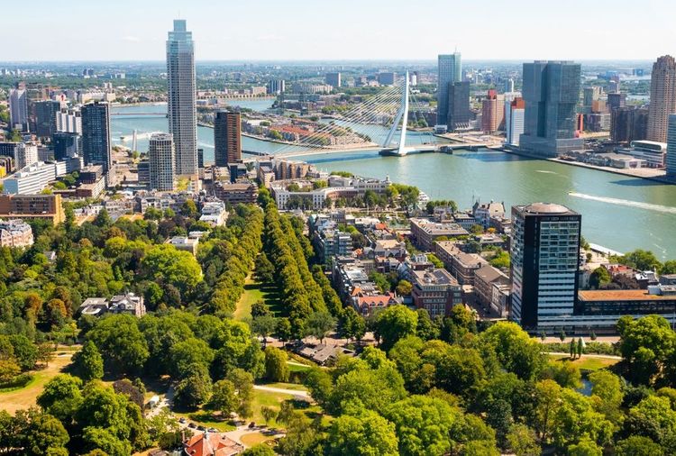 Vue panoramique de la ville de Rotterdam sur les deux rives de Nieuwe Maas