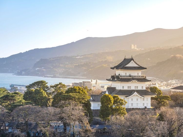 la tour du château d'odawara et la baie de sagami dans la ville d'odawara, préfecture de kanagawa