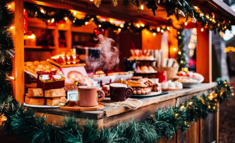 Pâtisseries de Noël et boissons chaudes dans l'un des stands