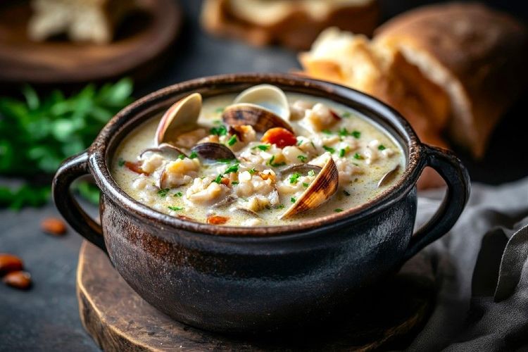 La Chaudrée de la mer (Le Seafood Chowder) : poissons blancs (cabillaud, églefin), de saumon et de crustacés, mijotés dans une base de crème avec des pommes de terre et des poireaux.