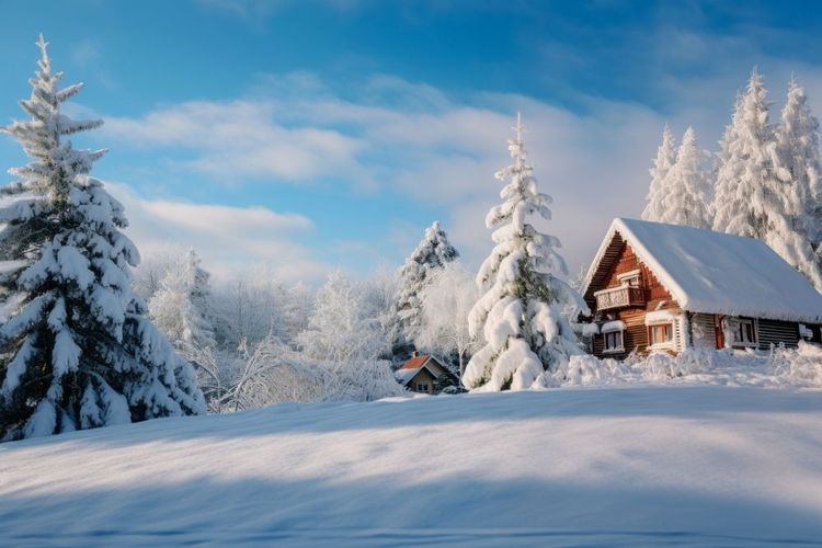 Cabane typique en bois dans la campagne enneigée de Laponie