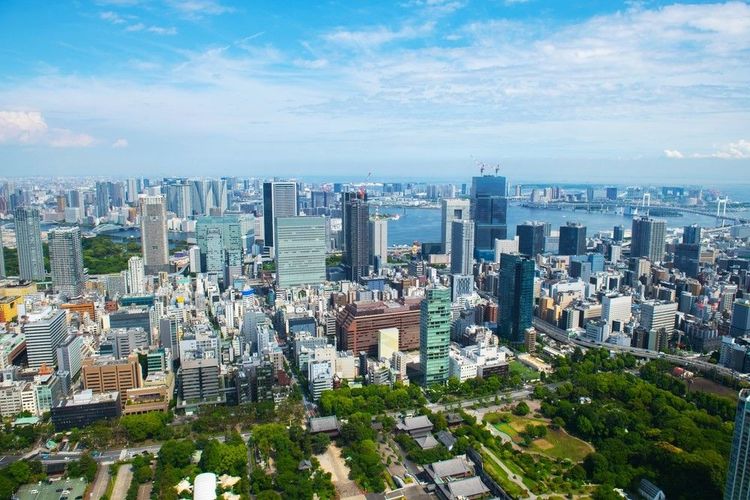 Vue aérienne de la ville de Tokyo, avec la baie de Tokyo depuis le pont supérieur de la tour de Tokyo, Minato City