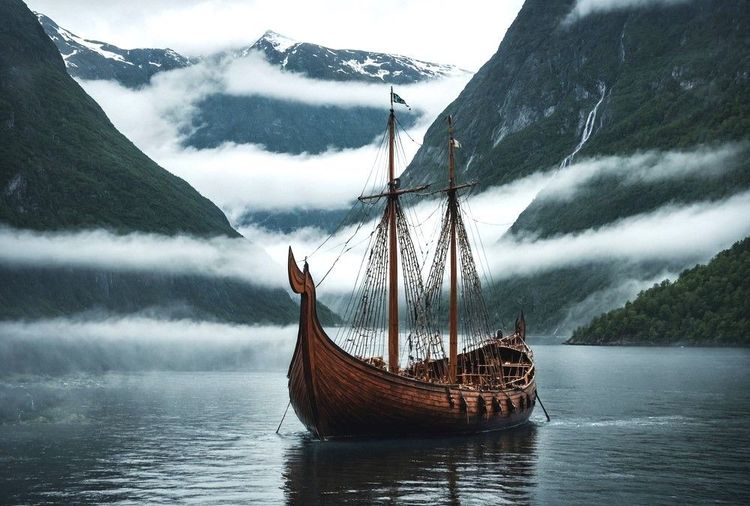 Bateau 2 mats Viking dans un fjord