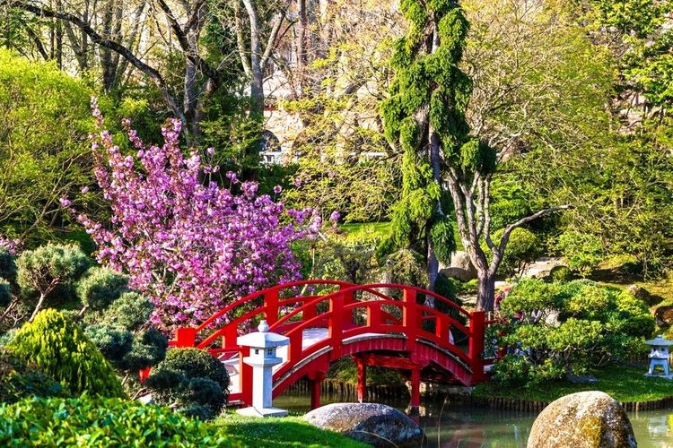 Pont de bois peint en rouge dans le jarin japonais de Toulouse