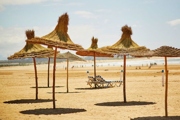 Parasols de paille sur la plage