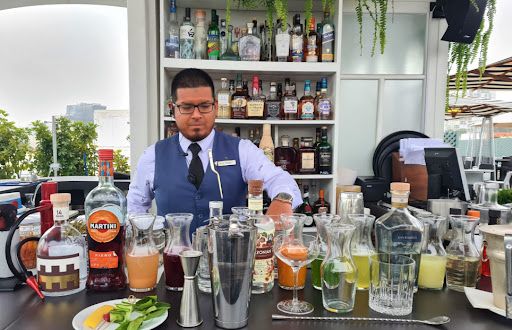 Bartender Axel Romero during a cocktail demonstration at Hotel B in Lima, Peru